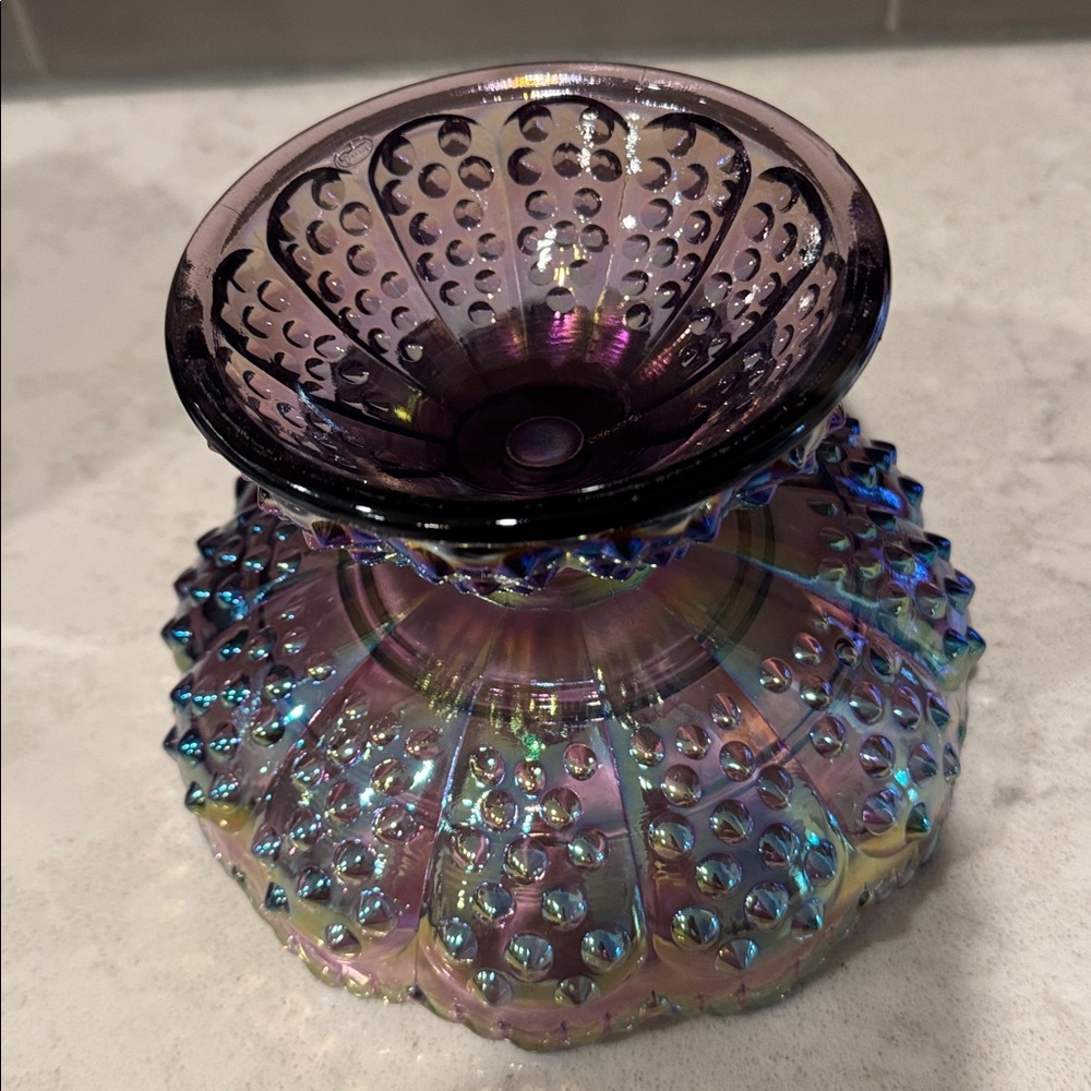 Fenton Hobnail Pedestal Candle Holder Center Piece in purple iridescent - Picture 5 of 6